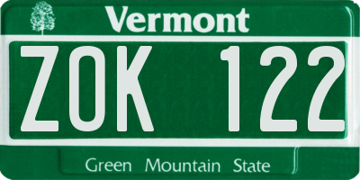 VT license plate ZOK122