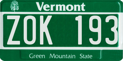 VT license plate ZOK193