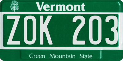 VT license plate ZOK203