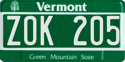 VT license plate ZOK205