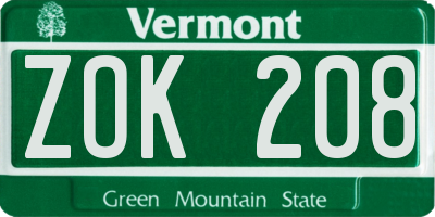 VT license plate ZOK208