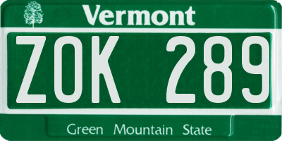 VT license plate ZOK289