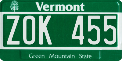 VT license plate ZOK455