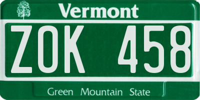 VT license plate ZOK458