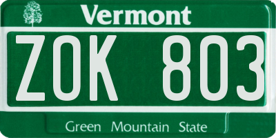 VT license plate ZOK803