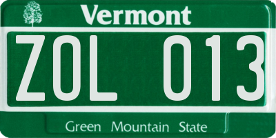 VT license plate ZOL013