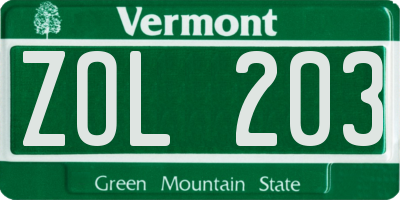 VT license plate ZOL203
