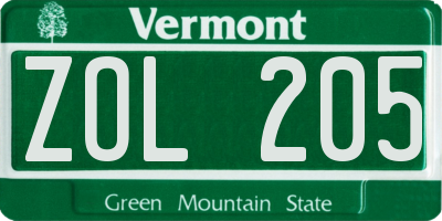 VT license plate ZOL205