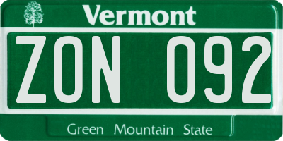 VT license plate ZON092