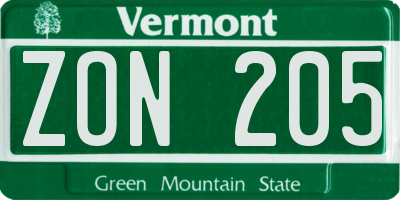 VT license plate ZON205