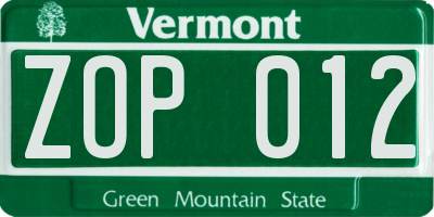 VT license plate ZOP012