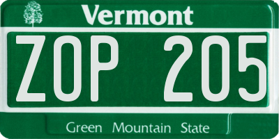 VT license plate ZOP205