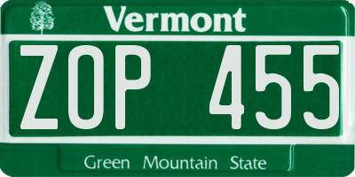 VT license plate ZOP455