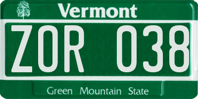 VT license plate ZOR038