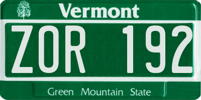 VT license plate ZOR192