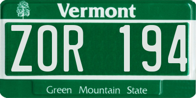 VT license plate ZOR194