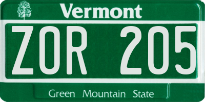 VT license plate ZOR205