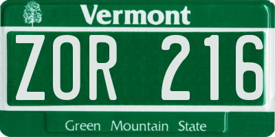 VT license plate ZOR216