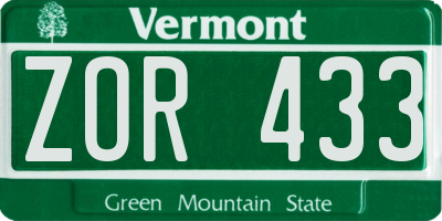 VT license plate ZOR433