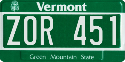 VT license plate ZOR451