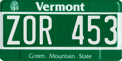 VT license plate ZOR453