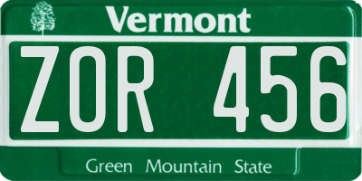 VT license plate ZOR456