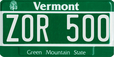 VT license plate ZOR500