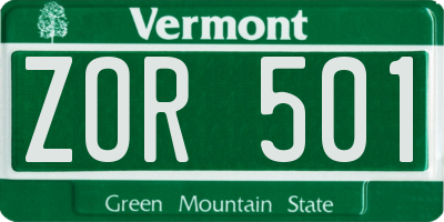 VT license plate ZOR501