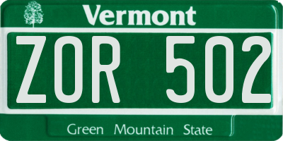 VT license plate ZOR502