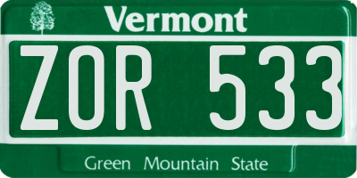 VT license plate ZOR533