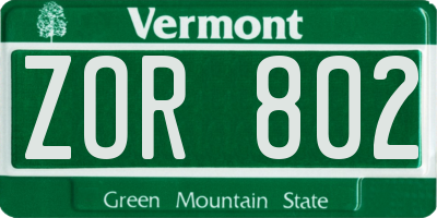 VT license plate ZOR802