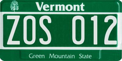 VT license plate ZOS012