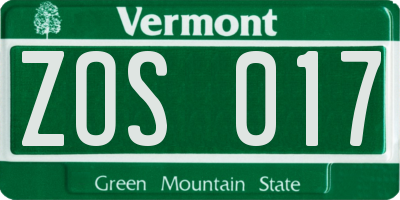 VT license plate ZOS017