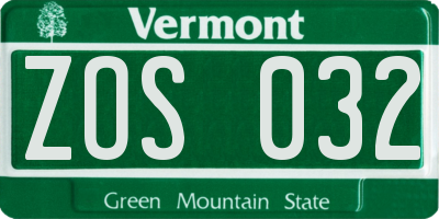 VT license plate ZOS032