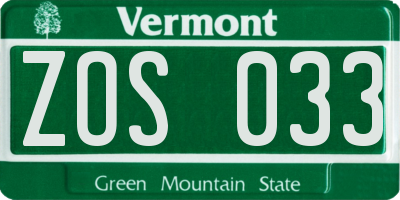 VT license plate ZOS033
