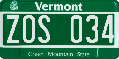 VT license plate ZOS034