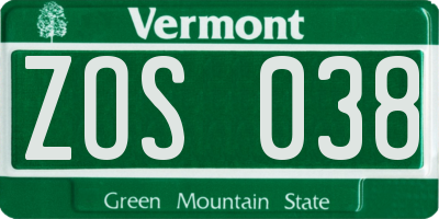 VT license plate ZOS038