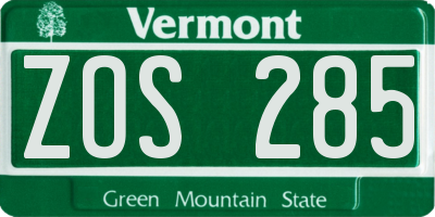 VT license plate ZOS285