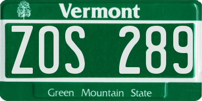 VT license plate ZOS289