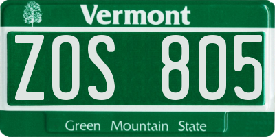 VT license plate ZOS805