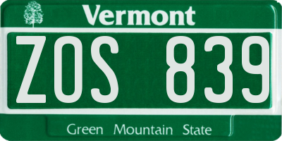VT license plate ZOS839