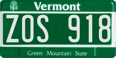 VT license plate ZOS918