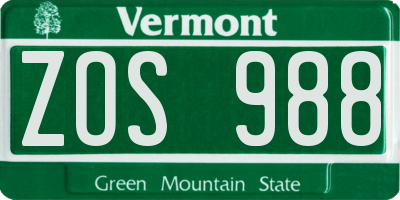 VT license plate ZOS988