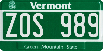 VT license plate ZOS989