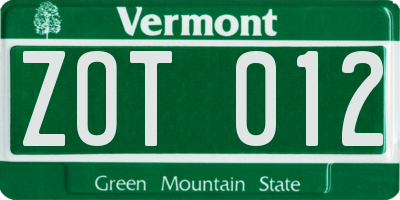 VT license plate ZOT012