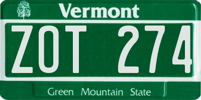 VT license plate ZOT274
