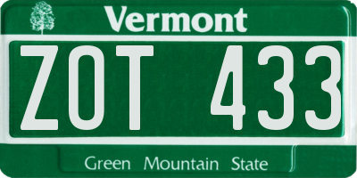 VT license plate ZOT433