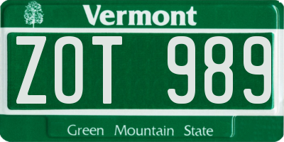 VT license plate ZOT989