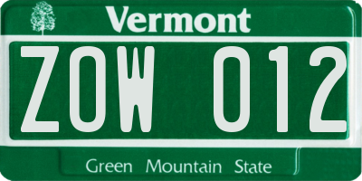 VT license plate ZOW012
