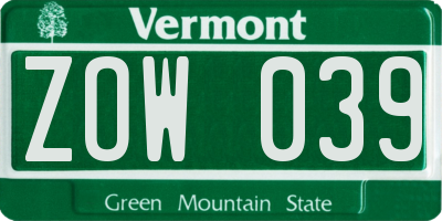 VT license plate ZOW039